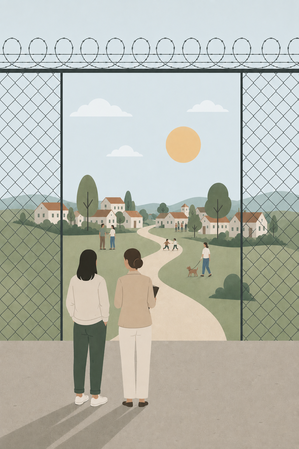 Dues persones observen un paisatge rural a través d’una tanca, amb un camí que condueix cap a un poble.