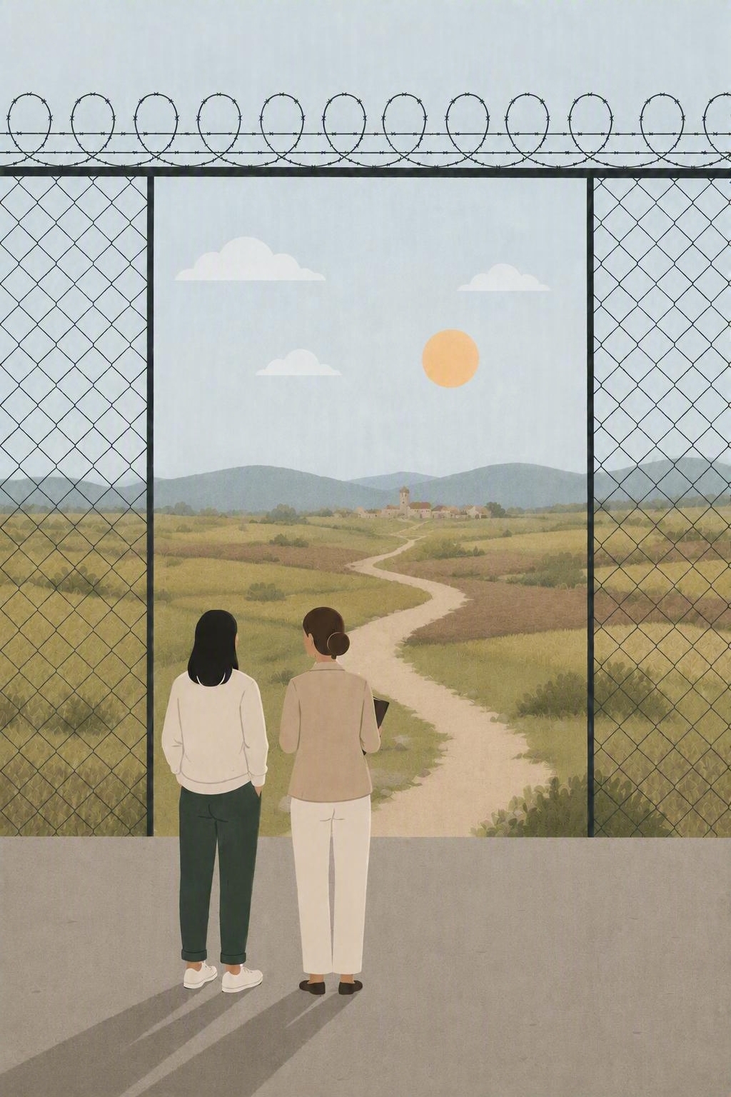 Dues persones observen un paisatge rural a través d’una tanca, amb un camí que condueix cap a un poble.