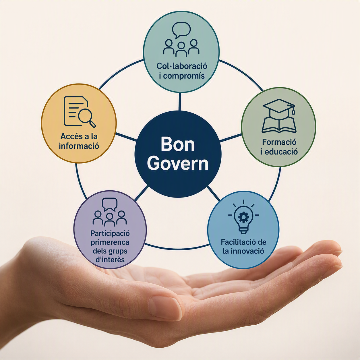 Diagrama circular sostingut per una mà que mostra els pilars del Bon Govern, dividit en cinc àrees principals: Col·laboració i compromís, Formació i educació, Facilitació de la innovació, Participació primerenca dels grups d'interès i Accés a la informació.